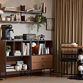 Stylish Sideboard with Books Plants Coffee Machine Table Lamp Drawers and Curtains