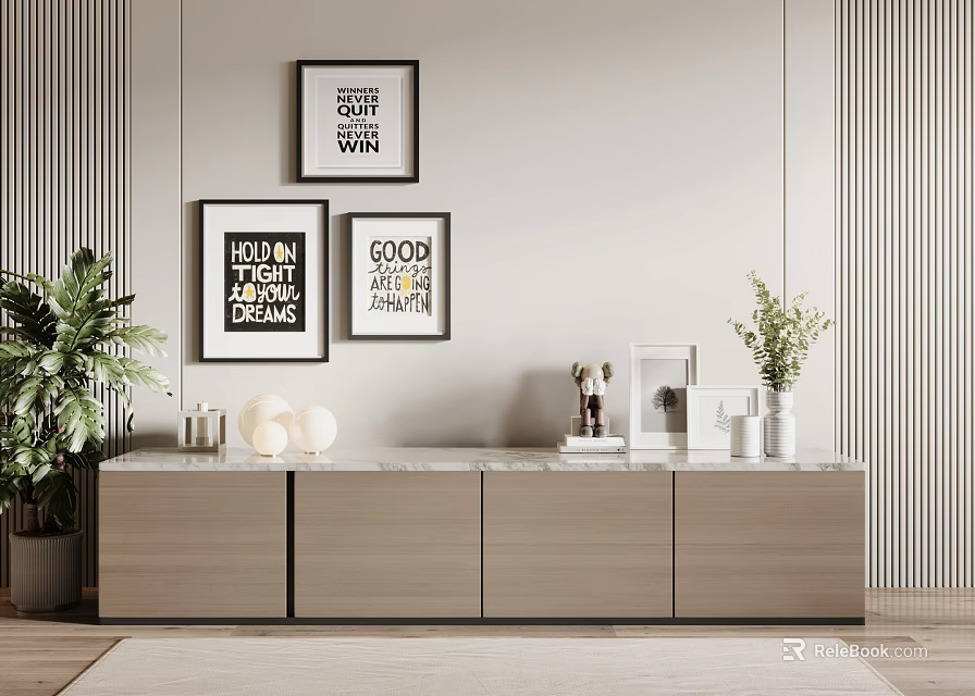Modern Living Room TV Stand With Wooden Cabinet Marble Top Wall Art And Green Plant 3d model 