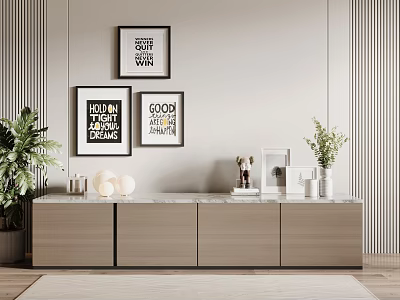 Modern Living Room TV Stand With Wooden Cabinet Marble Top Wall Art And Green Plant 3d model