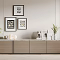 Modern Living Room TV Stand With Wooden Cabinet Marble Top Wall Art And Green Plant