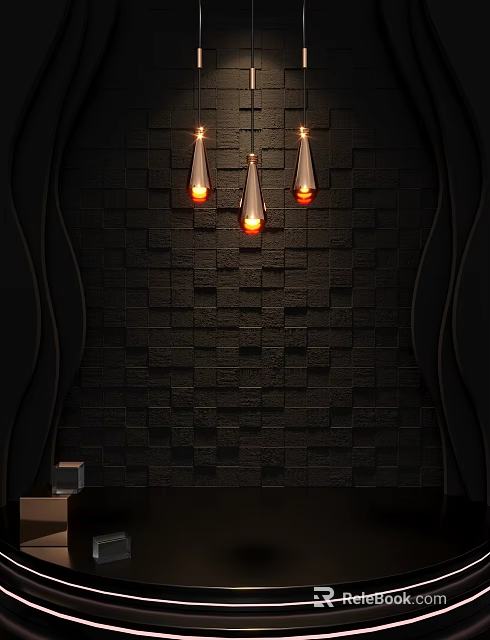 Black Brick Wall Decor With Three Lit Cone Shaped Pendant Lights And Dark Curved Accents 3d model 
