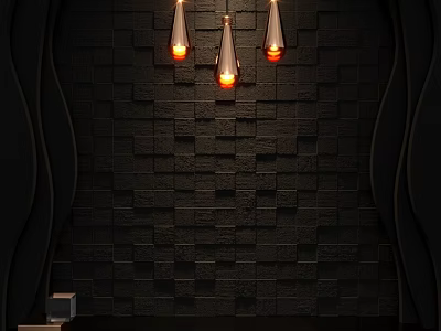Black Brick Wall Decor With Three Lit Cone Shaped Pendant Lights And Dark Curved Accents 3d model