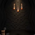 Black Brick Wall Decor With Three Lit Cone Shaped Pendant Lights And Dark Curved Accents