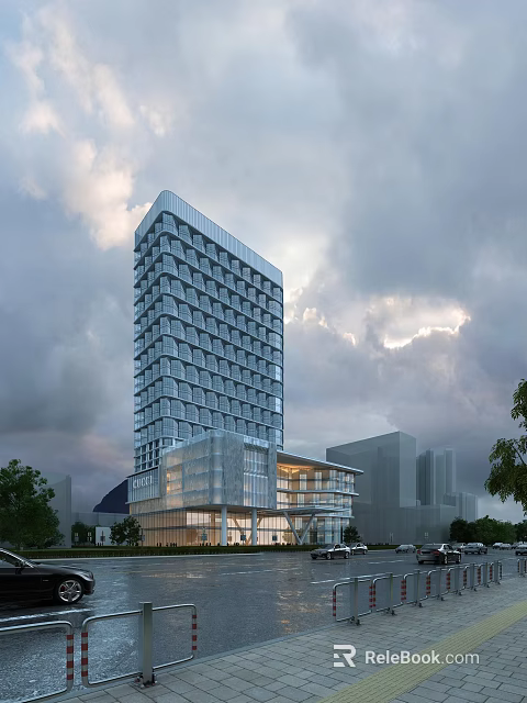 Modern High Rise Hotel Building Featuring Glass Curtain Wall And Transparent Podium 3d model 