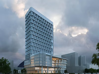 Modern High Rise Hotel Building Featuring Glass Curtain Wall And Transparent Podium 3d model