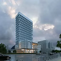 Modern High Rise Hotel Building Featuring Glass Curtain Wall And Transparent Podium