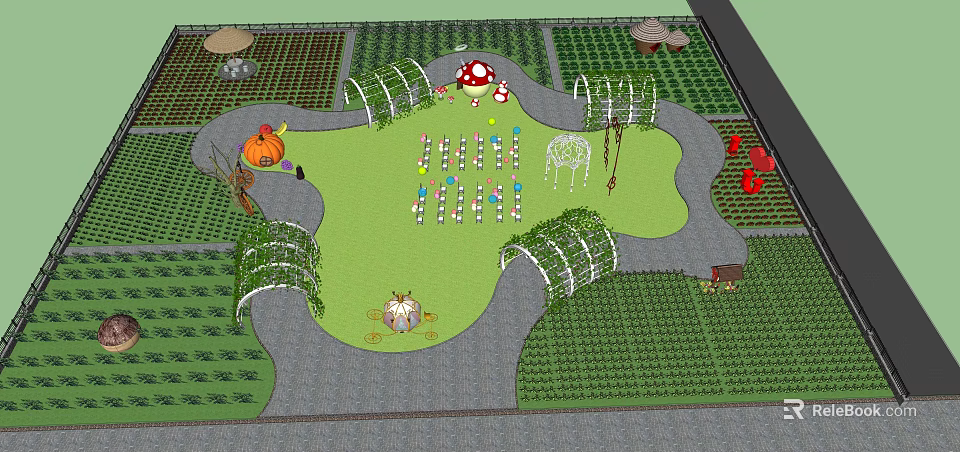 Whimsical Garden Landscape Design With Green Lawn Mushroom Shaped Structures Arches and Flower Beds 3d model 