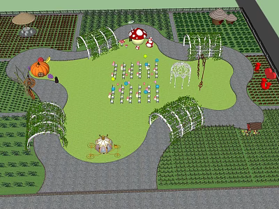 Whimsical Garden Landscape Design With Green Lawn Mushroom Shaped Structures Arches and Flower Beds 3d model