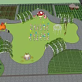 Whimsical Garden Landscape Design With Green Lawn Mushroom Shaped Structures Arches and Flower Beds