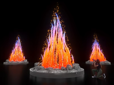 Vibrant Flame Shaped Art Installation With Orange Purple Lights Stone Base Black Background And Photographer 3d model