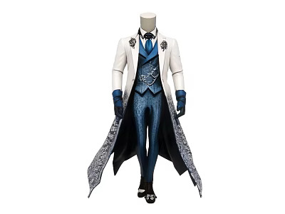 Mannequin In White Long Coat Blue Vest Pants And Gloves With Patterned Details 3d model