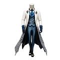 Mannequin In White Long Coat Blue Vest Pants And Gloves With Patterned Details
