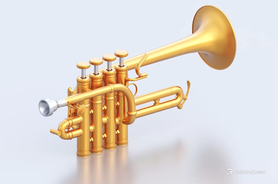 Golden Trumpet Musical Instrument with Shiny Metallic Surface and Elegant Design Details 3d model 