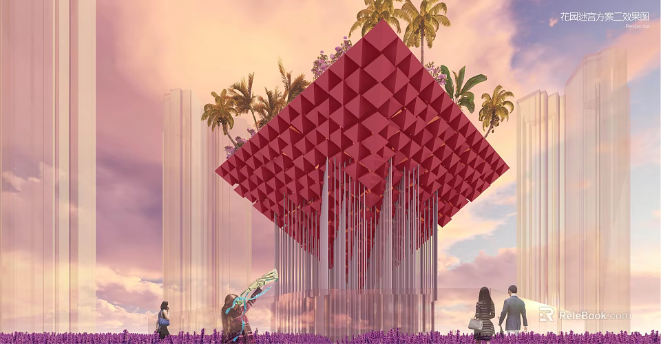 Vibrant Red Geometric Garden Art Installation With Palm Trees And Purple Flower Field 3d model 