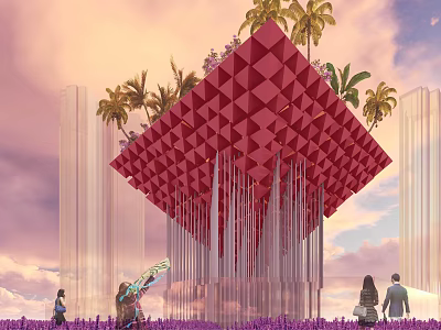 Vibrant Red Geometric Garden Art Installation With Palm Trees And Purple Flower Field 3d model