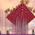 Vibrant Red Geometric Garden Art Installation With Palm Trees And Purple Flower Field