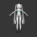 Anime Character Design With Long White Hair Twin Ponytails Strappy White Outfit And Blue Shoes