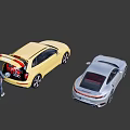 Yellow Car With Open Trunk Silver Sports Car Family Loading Skateboard And Bags