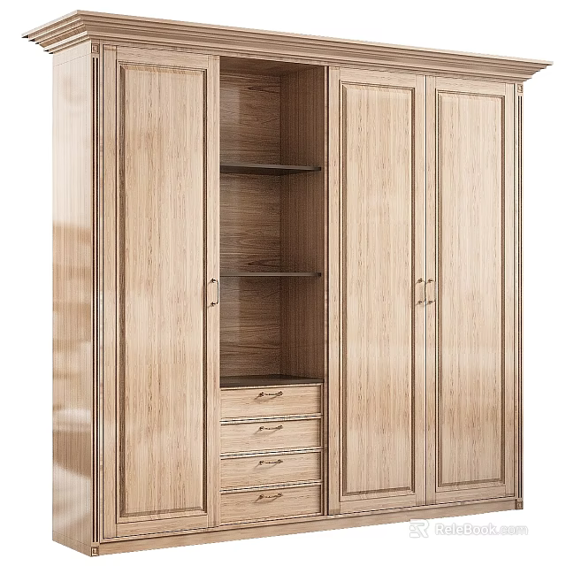 Modern Home Wooden Storage Cabinet With Open Shelves Drawers And Double Doors 3d model 