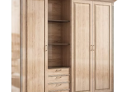 Modern Home Wooden Storage Cabinet With Open Shelves Drawers And Double Doors 3d model