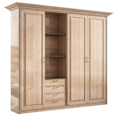 Modern Home Wooden Storage Cabinet With Open Shelves Drawers And Double Doors 3d model