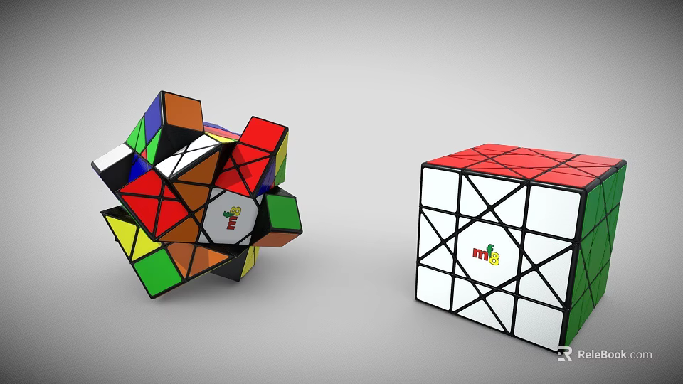 Colorful Twisted and White Untwisted mf8 Rubik's Cubes on Gray Background 3d model 