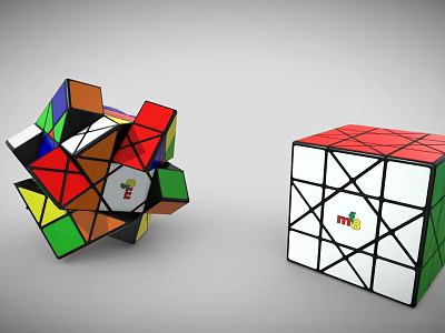 Colorful Twisted and White Untwisted mf8 Rubik's Cubes on Gray Background 3d model