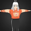 3D Character with White Hair Orange Shirt Blue Eyes Arms Outstretched Black Pants