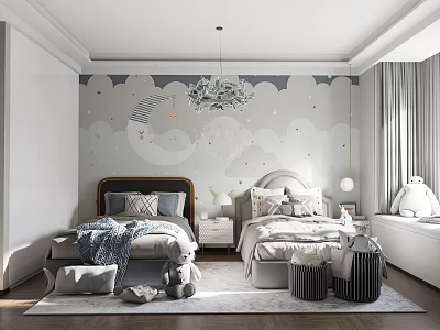 Cozy Kids Bedroom Design With Cloud Wallpaper Twin Beds And Chandelier 3d model