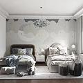 Cozy Kids Bedroom Design With Cloud Wallpaper Twin Beds And Chandelier