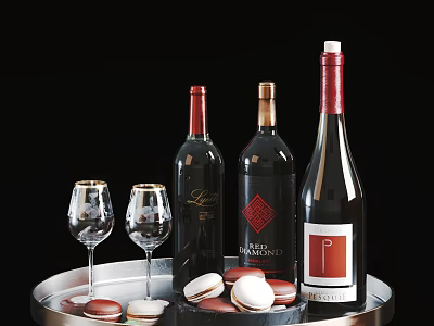 Wine Bottles and Wine Glasses Displayed on Silver Tray with Macarons 3d model