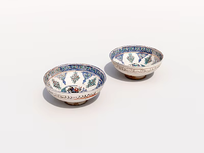 Decorative Ceramic Dinnerware Set with Two Bowls Featuring Blue and White Patterns 3d model