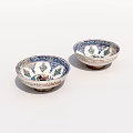 Decorative Ceramic Dinnerware Set with Two Bowls Featuring Blue and White Patterns 3d model