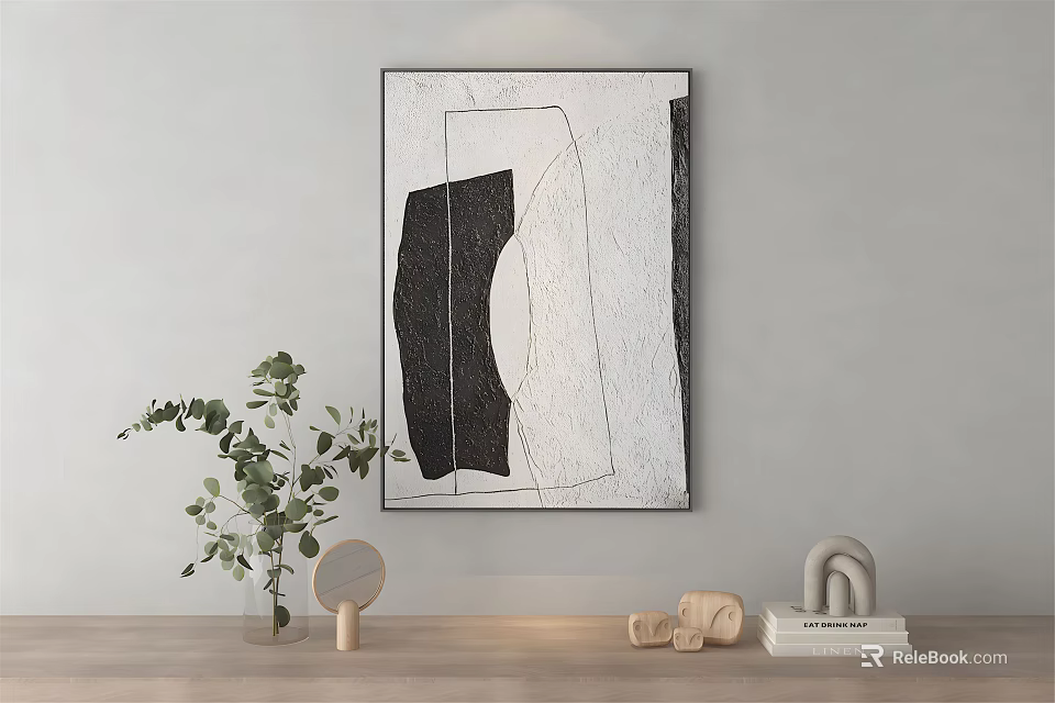 Minimalist Interior With Abstract Wall Art Green Plant And Decorative Objects 3d model