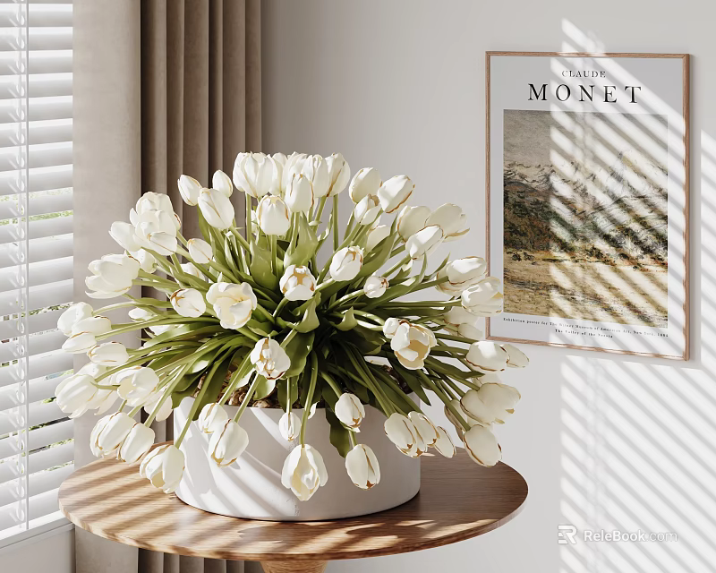 Modern Decorative Ornament Set With White Tulip Artificial Flowers White Vase And Monet Painting 3d model 