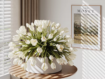 Modern Decorative Ornament Set With White Tulip Artificial Flowers White Vase And Monet Painting 3d model