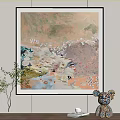 Abstract Wall Art Painting In Living Room With Green Plant And Decorative Ornament