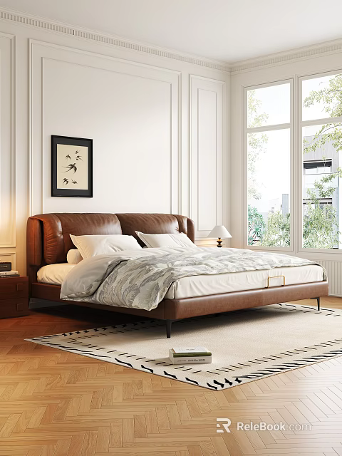 Modern Leather Double Bed With Padded Headboard Soft Bedding Nightstand Lamp And Window View 3d model