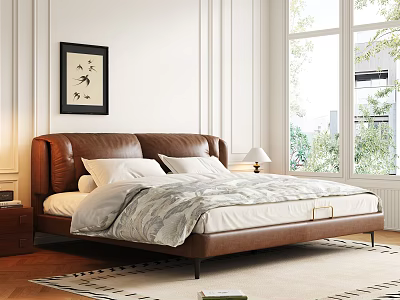 Modern Leather Double Bed With Padded Headboard Soft Bedding Nightstand Lamp And Window View 3d model