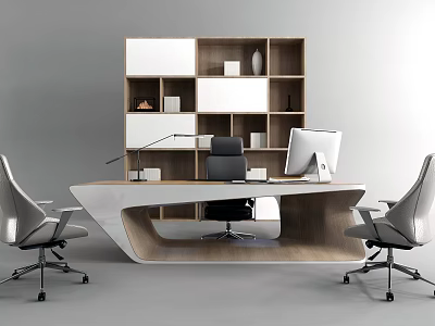 Modern Office Desk With Ergonomic Chairs Wooden Bookshelf Computer Monitor And Desk Lamp 3d model