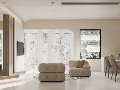 Modern Open Living Dining Room Interior With Beige Sofa Dining Table And Green Plants 3d model
