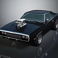 Black Classic Muscle Car With Exposed Supercharger On Hood Two Door Coupe Retro Design