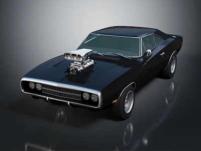 Black Classic Muscle Car With Exposed Supercharger On Hood Two Door Coupe Retro Design 3d model
