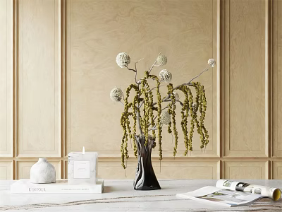 Black Vase With Hanging Green Branches And White Spherical Blooms On Table 3d model