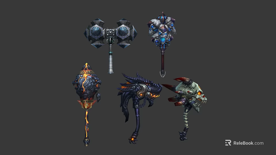 Fantasy Weapons With Intricate Metallic Designs And Colorful Gemstone Accents 3d model 