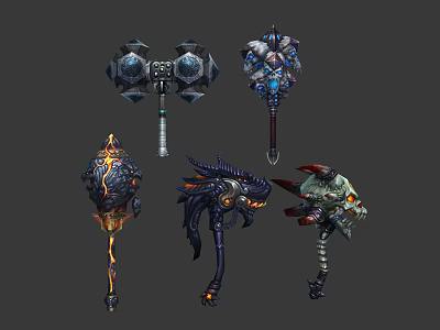 Fantasy Weapons With Intricate Metallic Designs And Colorful Gemstone Accents 3d model