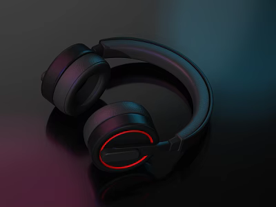 Stylish Black Audio Headphones With Red Ring Accent And Leather Headband 3d model
