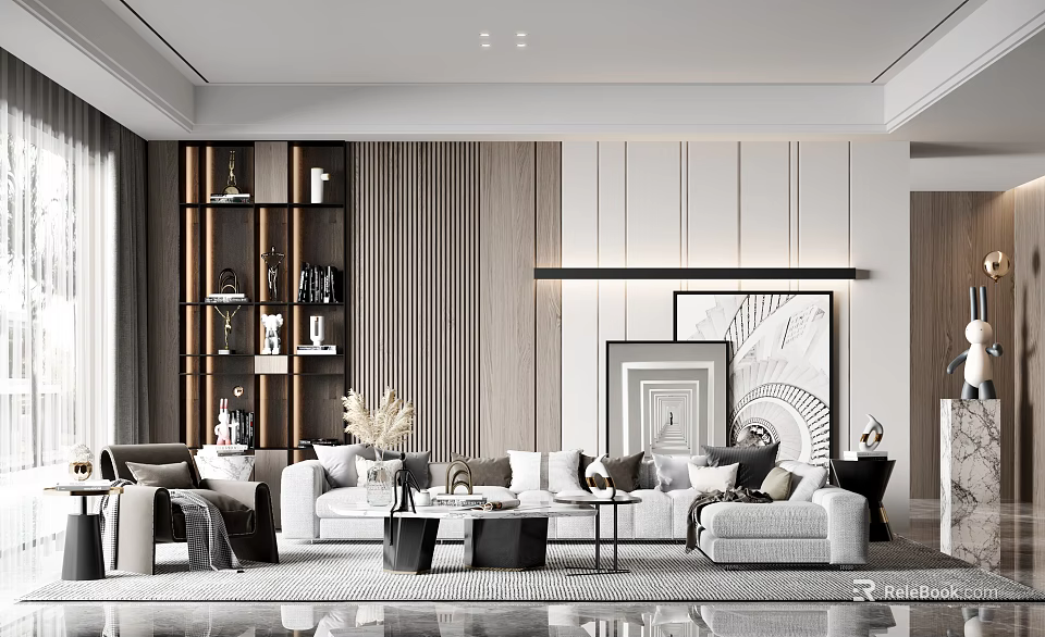 Modern Living Room Interior Design With Sofa Coffee Tables And Decorative Paintings 3d model 