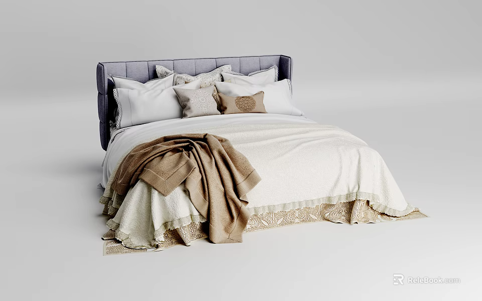 Elegant Double Bed Featuring Dark Gray Headboard White Bedding And Brown Blanket 3d model 