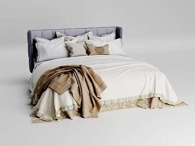 Elegant Double Bed Featuring Dark Gray Headboard White Bedding And Brown Blanket 3d model